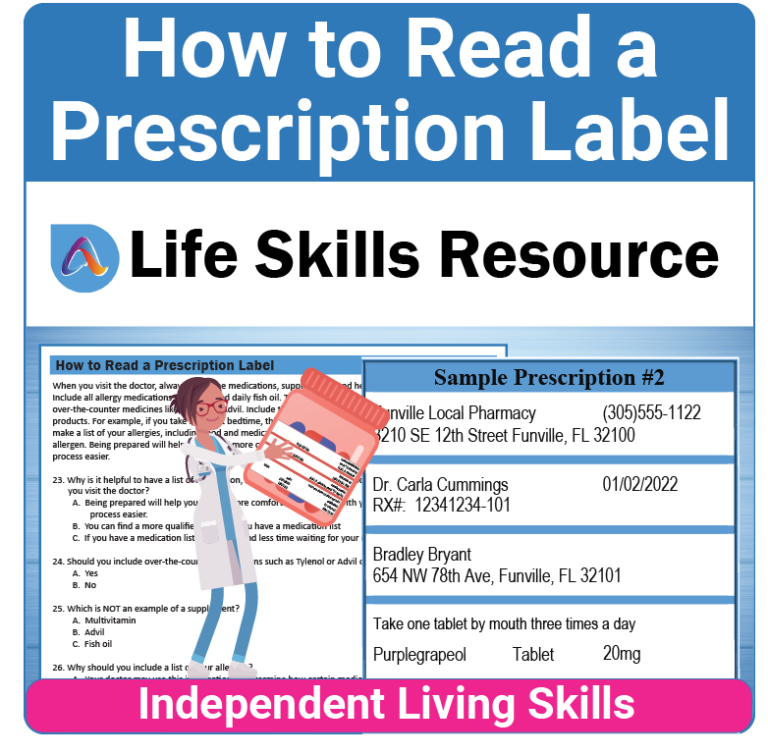 How to Read a Prescription Label is a functional life skills activity that helps develop independent living skills for teens and adults.