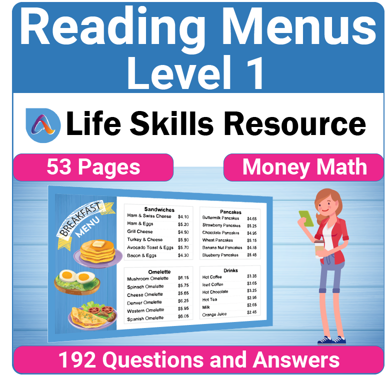 Reading Menus Level 1 is a money math worksheet for middle and high school students to improve their personal finance skills.