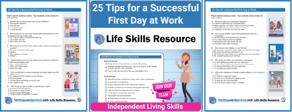 Tips for a Successful First Day at Work is a special education activity designed for teens and young adults to improve their career exploration skills.
