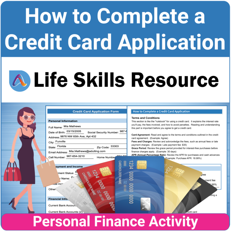 Adulting Life Skills Resources Personal Finance Special Education activity for high school students covering How to Complete A Credit Card Application.