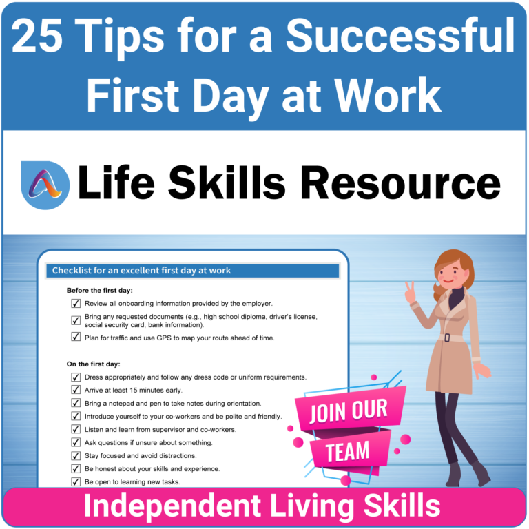 Tips for a Successful First Day at Work is a special education activity designed for teens and young adults to improve their career exploration skills.
